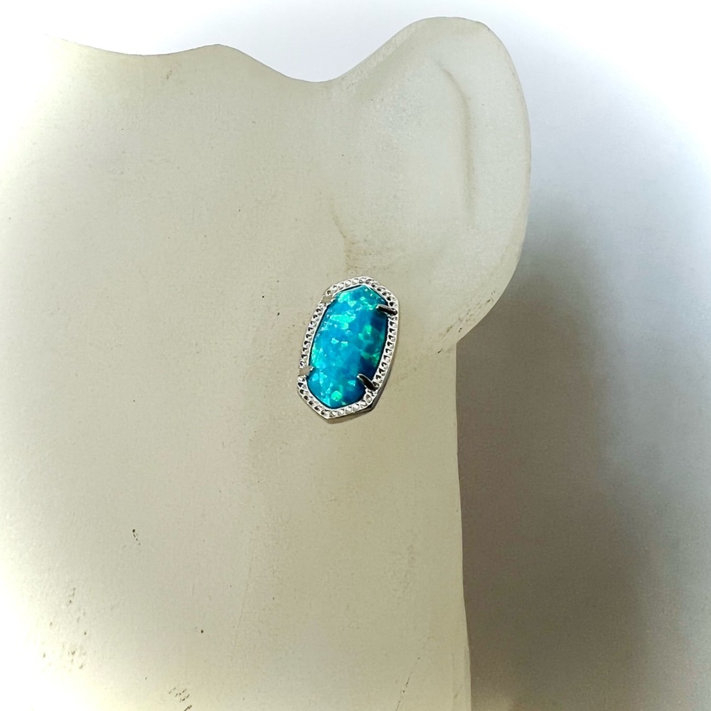 Kendra Scott Ellie Ocean blue Kyocera Opal studs earrings in silver color